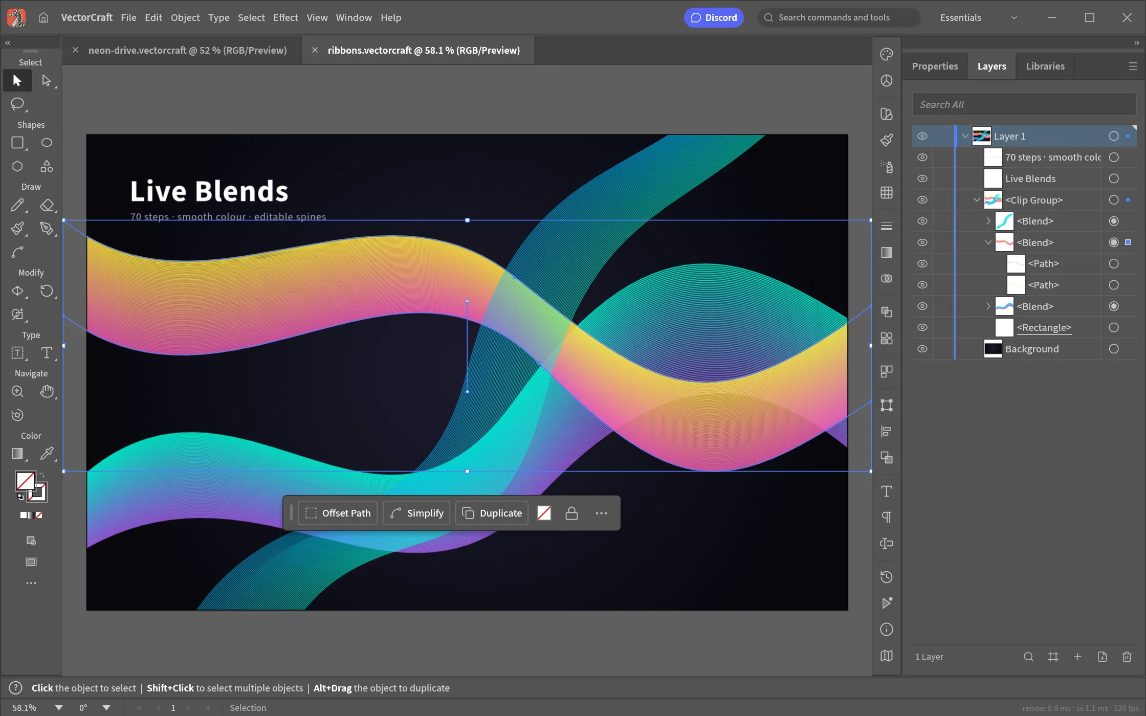 VectorCraft, a free online vector editor, with three live blend ribbons clipped to the artboard, one selected with its key paths showing