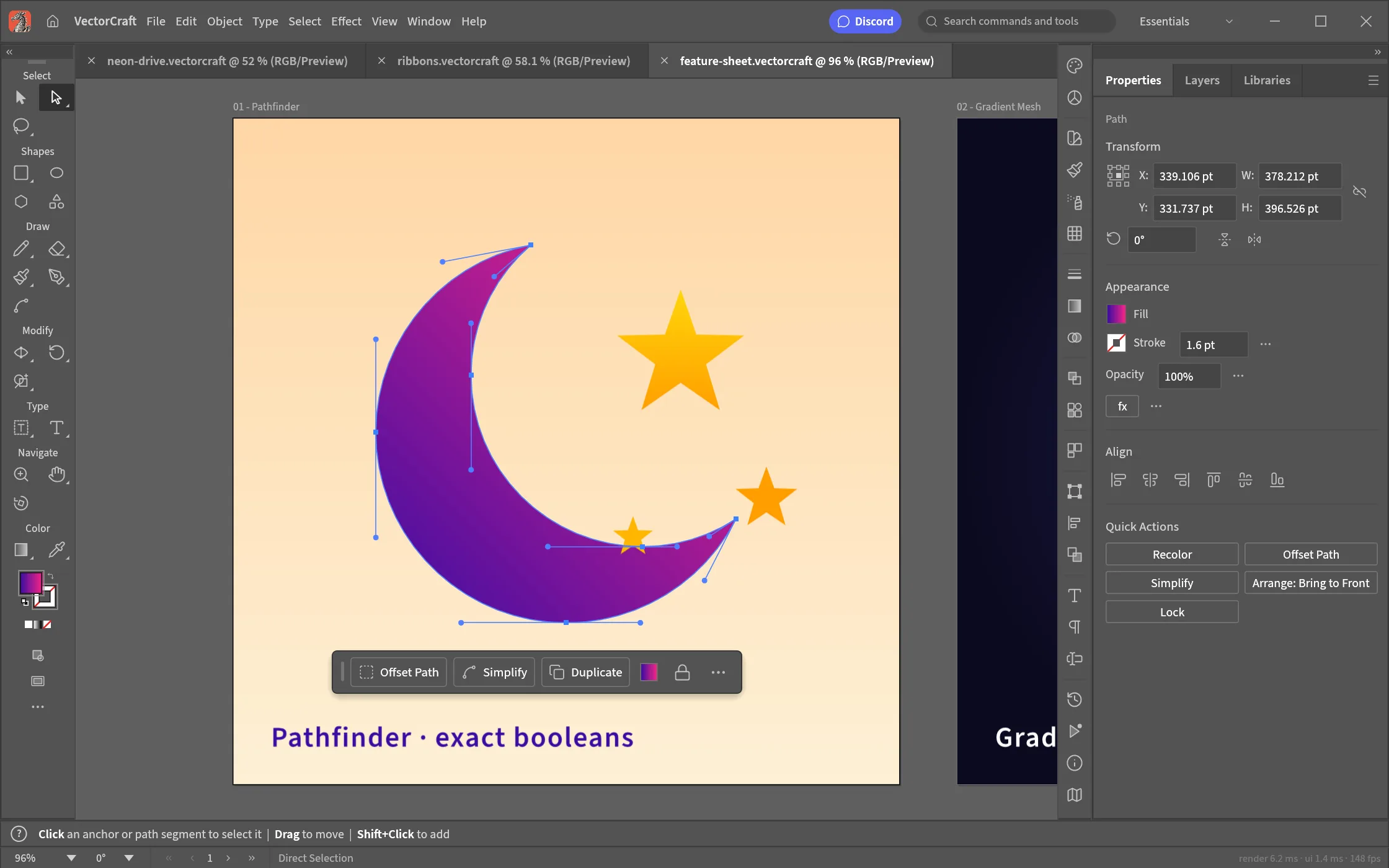 The Direct Selection tool showing anchor points and Bézier handles on a crescent built with Pathfinder